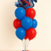 Spider-Man foil balloon with a helium bouquet of red and blue latex balloons on a small matching balloon base against a neutral background.