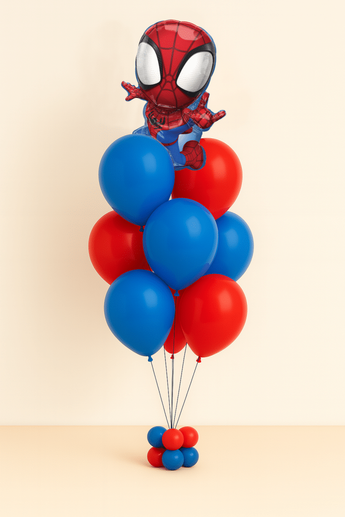 Spider-Man head foil balloon with a helium bouquet of red and blue latex balloons on a small matching balloon base against a neutral background.