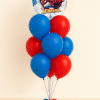 Round Marvel Spider-Man foil balloon placed above a helium bouquet of red and blue latex balloons on a matching balloon base against a neutral background.