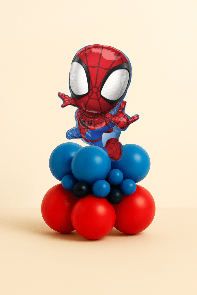 Small Spider-Man foil balloon mounted on a compact red and blue latex balloon base, designed as a superhero table centerpiece on a neutral background.