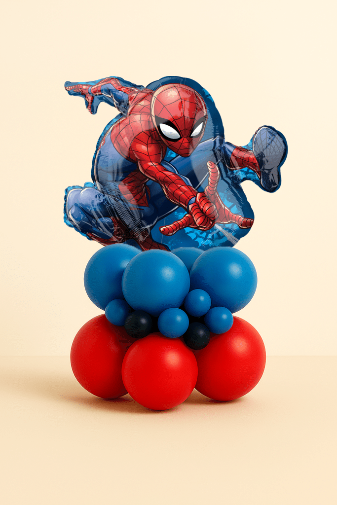 Spider-Man action pose foil balloon mounted on a compact red and blue latex balloon base, designed as a superhero table centerpiece on a neutral background.