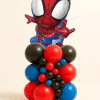 Spider-Man foil balloon mounted on an organic black, red, and blue latex balloon base, designed as a compact superhero table centerpiece on a neutral background.