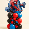 Spider-Man action foil balloon mounted on an organic black, red, and blue latex balloon base in a modern layered design on a neutral background