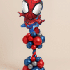 Tall Spider-Man balloon column with red and blue spiral latex design and a matching balloon base on a neutral background.