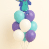 Stitch foil balloon on a pastel teal, lavender, and white helium balloon bouquet with a small balloon base on a neutral background.