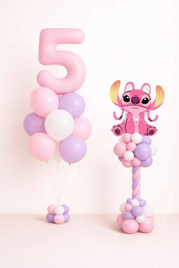 Pink Angel Stitch foil balloon on a pastel pink, lavender, and white twisted balloon column with decorative balloon base on a neutral background.