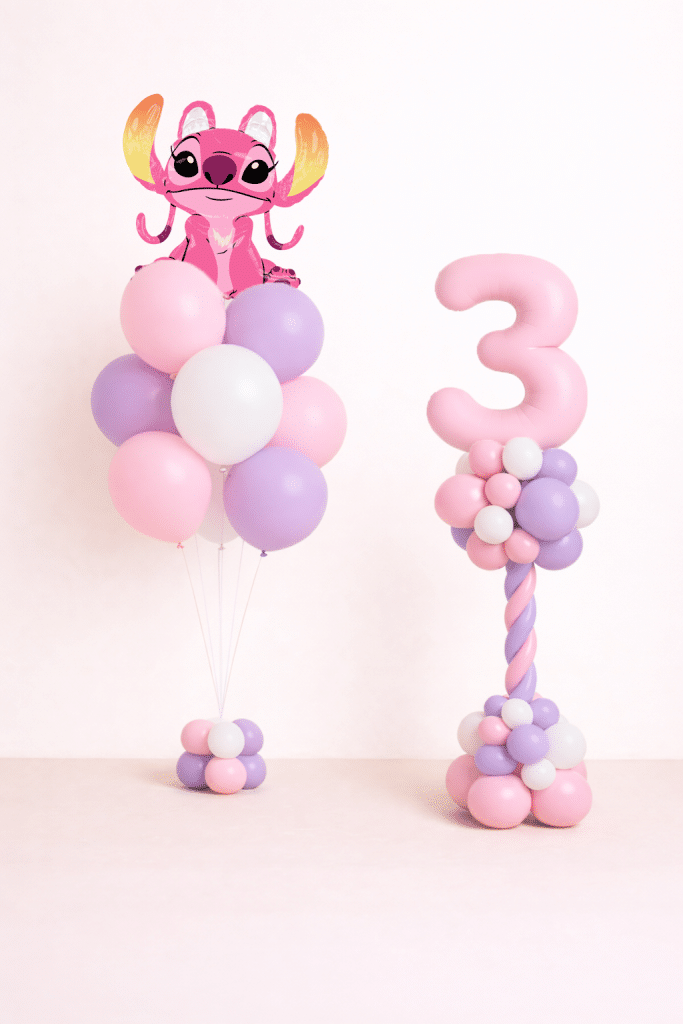 Pastel pink and lavender Stitch birthday balloon set with helium bouquet and twisted number column on a neutral background.