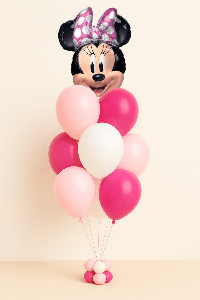 Minnie Mouse head foil balloon bouquet with pink and white helium latex balloons arranged on a decorative balloon base against a neutral background.