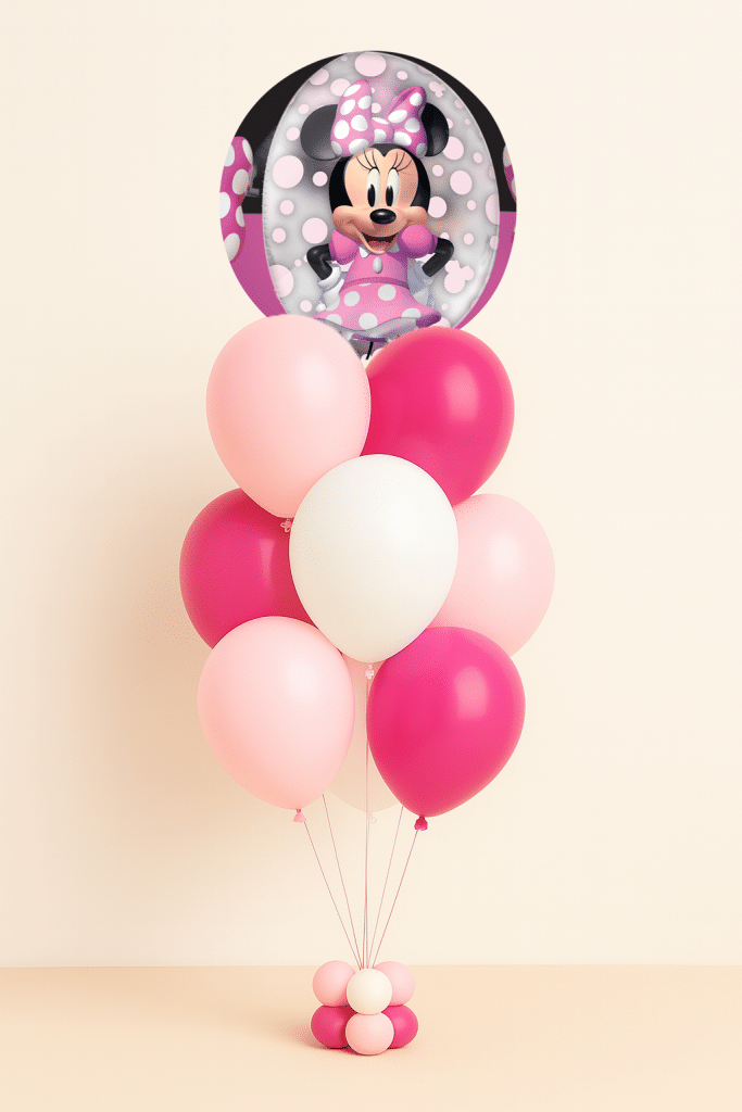 Round Minnie Mouse foil balloon with pink and white helium latex balloon bouquet arranged on a decorative balloon base against a neutral background.