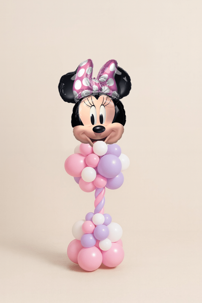 Minnie Mouse head foil balloon on a pastel pink, lavender, and white twisted spiral balloon column with organic balloon clusters on a neutral background.