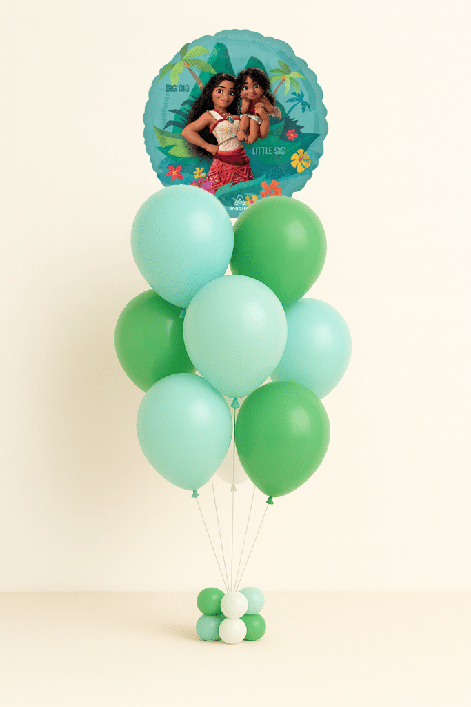 Tropical themed foil balloon on a bouquet of mint green and green latex balloons with a small matching balloon base on a neutral background.