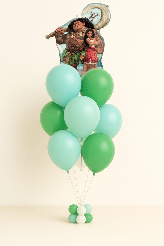 Moana and Maui shaped foil balloon above a bouquet of mint green and green latex balloons with a small matching base on a neutral background.