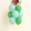 Round Moana foil balloon above a bouquet of mint green and green latex balloons with a small matching base on a neutral background.