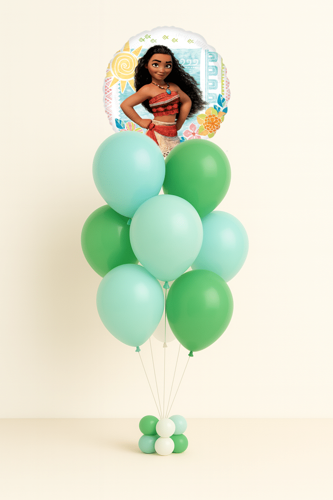 Round Moana foil balloon above a bouquet of mint green and green latex balloons with a small matching base on a neutral background.