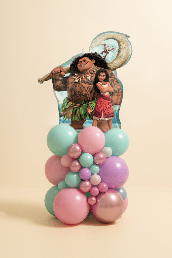 Moana and Maui foil balloon on a pastel mint, pink, lilac, and chrome rose gold organic balloon base on a neutral background.