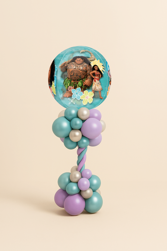 Moana and Maui round foil balloon on a pastel teal and lavender twisted balloon column with chrome pearl accents on a neutral background