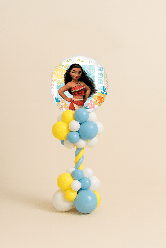 Moana round foil balloon on a yellow and blue twisted balloon column with white accents on a neutral background.
