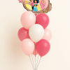 Disney Princess crown foil balloon on a pink and white latex balloon bouquet with small balloon base on a neutral background.