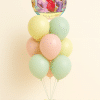 Disney Princess round “Once Upon a Time” foil balloon with pastel mint, peach, and yellow latex balloon bouquet and matching small balloon base on a neutral background.