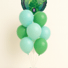 Wicked witch themed balloon column with emerald and mint green latex balloons and round Wicked foil balloon arrangement