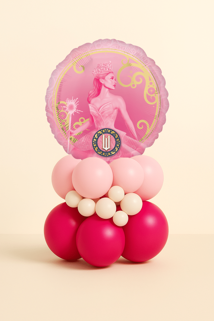 Wicked Glinda pink balloon centrepiece with hot pink and blush latex balloons and round Glinda foil balloon