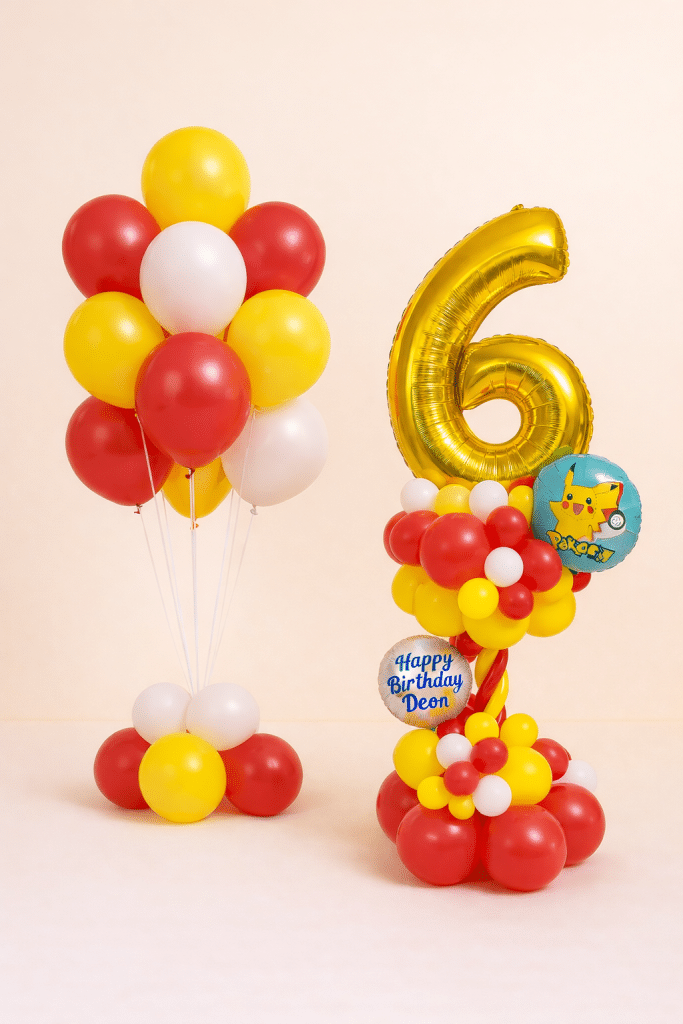 Pokemon birthday balloon set with gold number balloon and Pikachu accent with matching red yellow white helium balloon bouquet