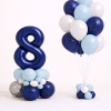 Navy blue number birthday balloon column with matching helium bouquet in ice blue white and silver chrome colours elegant birthday balloon duo