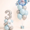 Frozen themed birthday balloon set with silver number column and matching ice blue white and silver helium balloon bouquet winter princess party decoration ⚠️ Please note In case a specific foil balloon is unavailable, a similar design of equal quality and theme will be used. Balloon shade colours may differ slightly from the picture depending on stock availability.