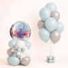 Frozen snow globe bubble balloon centerpiece with matching ice blue white and silver helium balloon bouquet winter princess birthday decoration