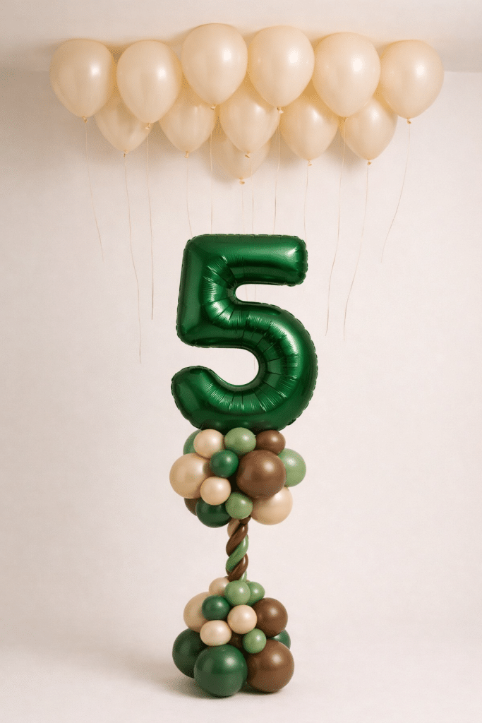 Safari jungle birthday balloon display with green foil number column, beige ceiling balloon cloud and matching loose helium balloons in green brown neutral tones
