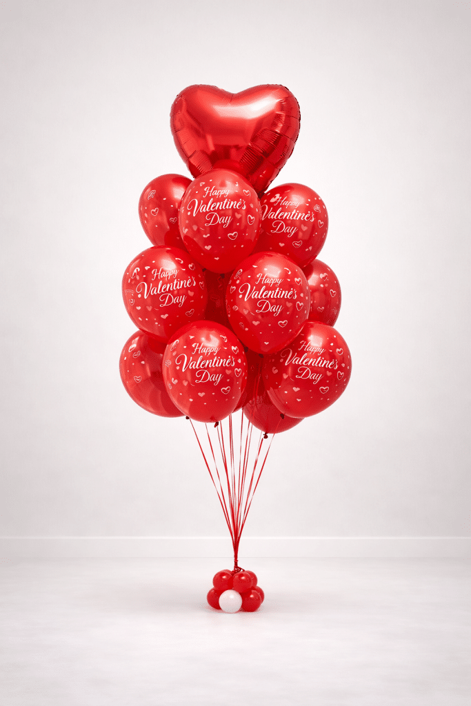 Red Valentine’s balloon bouquet with large heart foil balloon and Happy Valentine’s Day printed latex balloons on a small balloon base.
