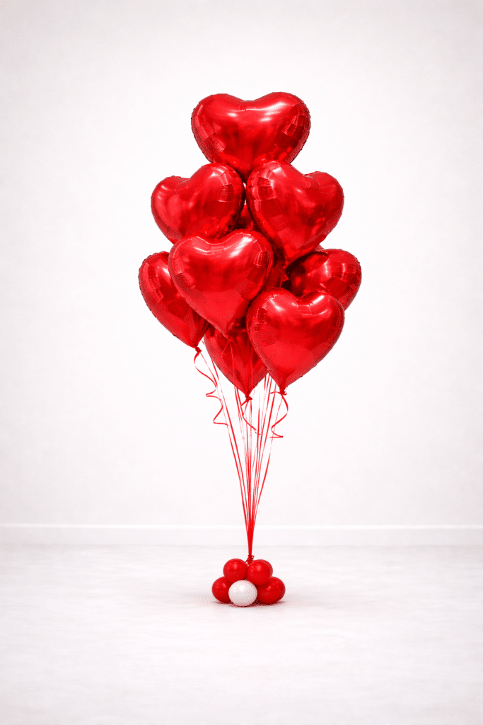 Elegant floor-standing bouquet of red helium foil heart balloons tied with red ribbons on a decorative balloon base, romantic Valentine’s arrangement on a soft neutral background.