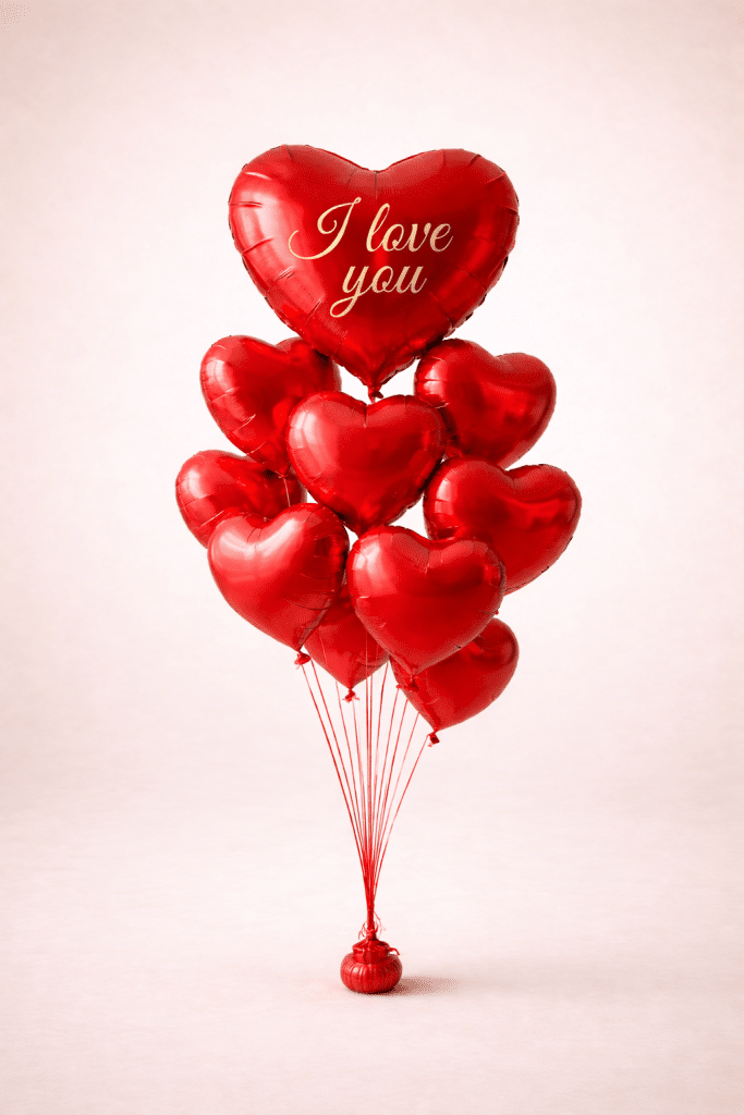 Valentine’s Day heart balloon bouquet with red heart-shaped foil balloons and I love you message, arranged in a floating bouquet on a neutral background.