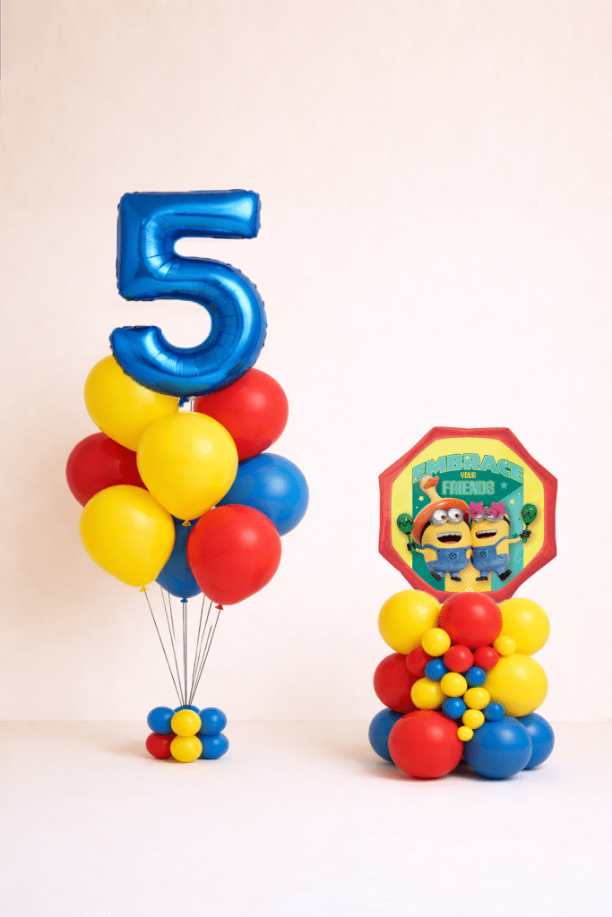 Minions birthday balloon set with custom number bouquet and Minions character foil balloon arrangement in blue yellow and red colours