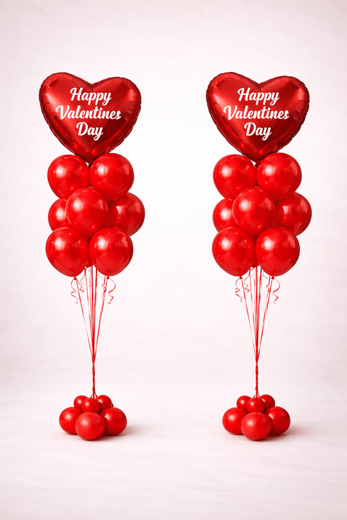 Pair of Valentine’s Day balloon columns with red heart-shaped foil balloons printed with “Happy Valentine’s Day”, red latex balloon clusters, and matching balloon bases on a neutral background.