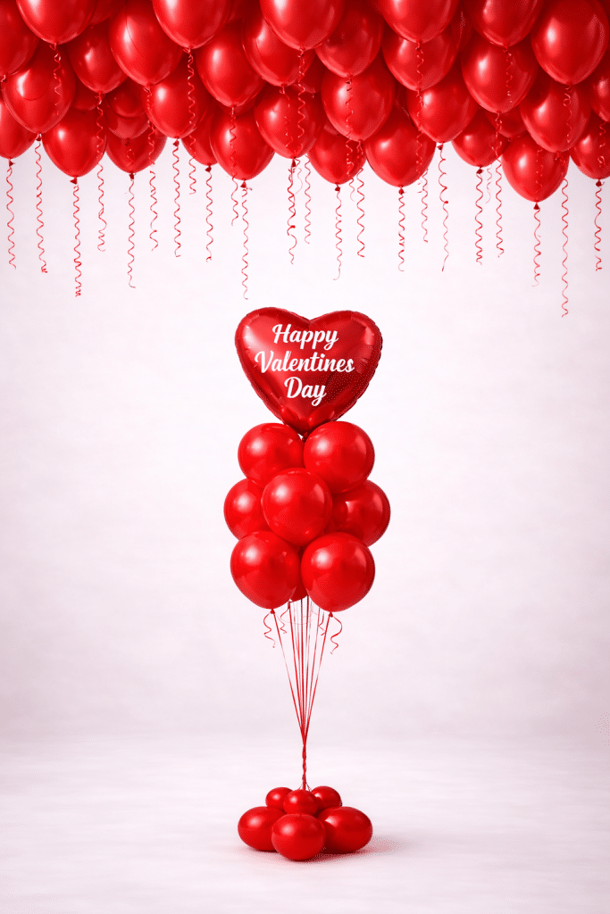 Valentine’s Day balloon column with red heart foil balloon and red latex balloon cluster, combined with floating red ceiling balloons and hanging ribbons on a neutral background.
