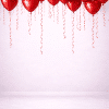 Ceiling filled with floating red heart helium balloons and hanging curly ribbons on a soft neutral background.
