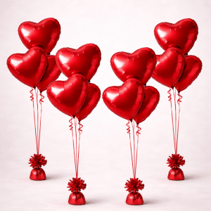 Set of four Valentine’s Day balloon bouquets with red heart-shaped foil balloons, red curling ribbons, and matching weighted bases on a neutral background.