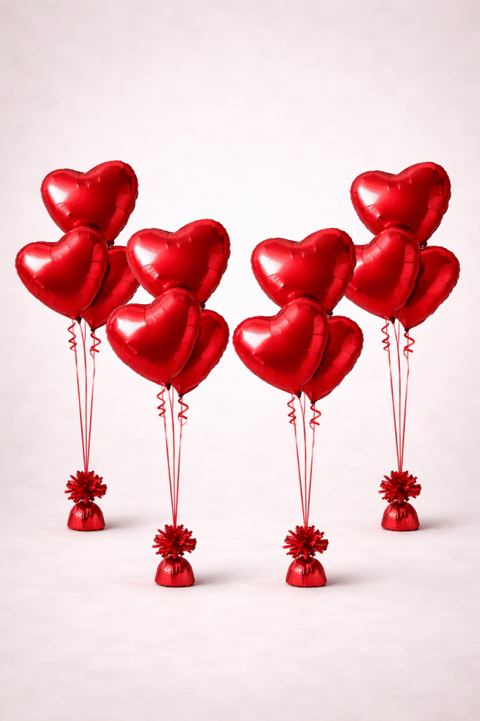 Set of four Valentine’s Day balloon bouquets with red heart-shaped foil balloons, red curling ribbons, and matching weighted bases on a neutral background.