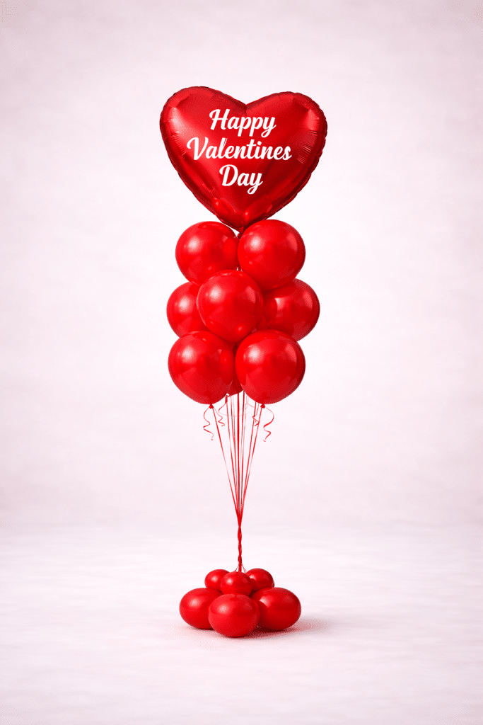 Valentine’s Day balloon column with red heart-shaped foil balloon printed with “Happy Valentine’s Day”, red latex balloon cluster, and matching balloon base on a neutral background.