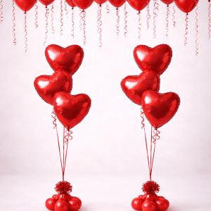 Valentine’s Day room decoration with two red heart balloon bouquets on weights and multiple red latex balloons floating and touching the ceiling with hanging ribbons.