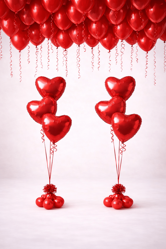 Valentine’s Day room decoration with two red heart balloon bouquets on weights and multiple red latex balloons floating and touching the ceiling with hanging ribbons.