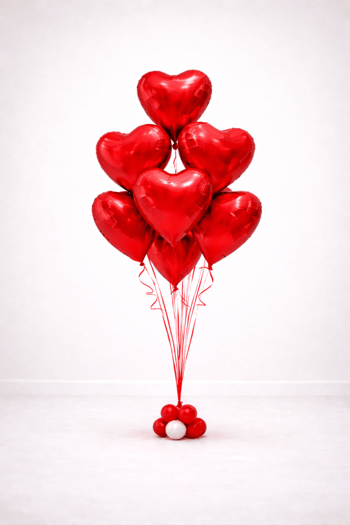 Floor-standing bouquet of red helium foil heart balloons tied with red ribbons on a decorative red and white balloon base, elegant Valentine’s balloon arrangement on a soft neutral background.