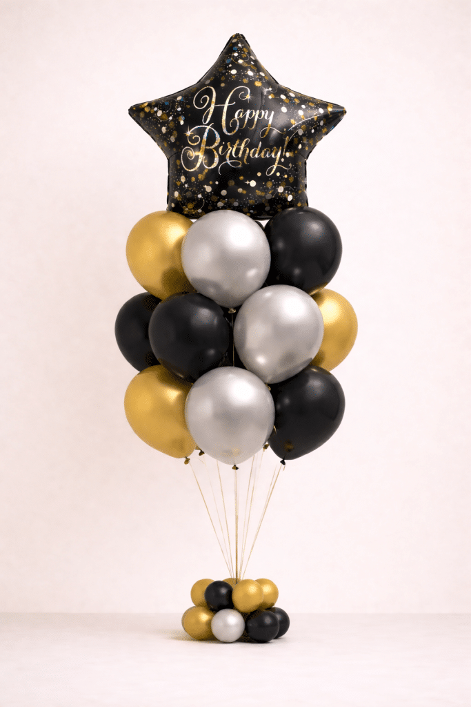 Luxury black gold and silver birthday balloon bouquet with happy birthday star foil balloon and chrome latex balloons elegant celebration decoration