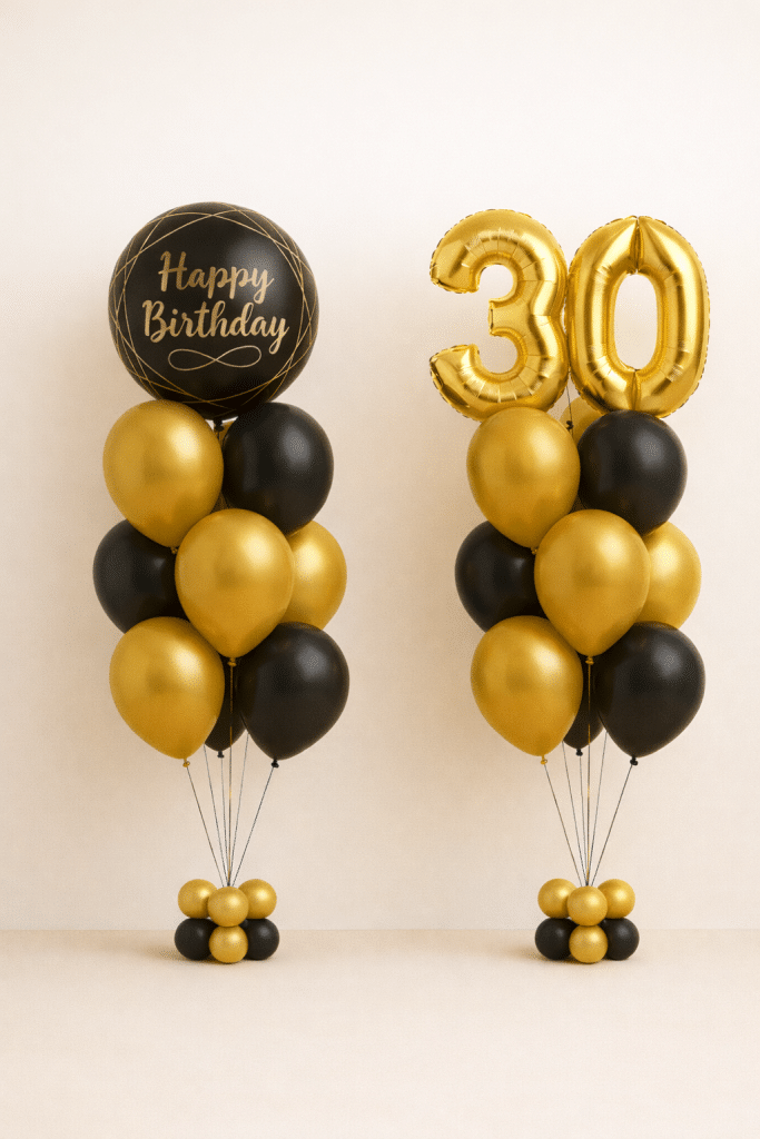 Black and gold birthday balloon duo with gold number balloons and happy birthday round orb balloon elegant luxury celebration decoration