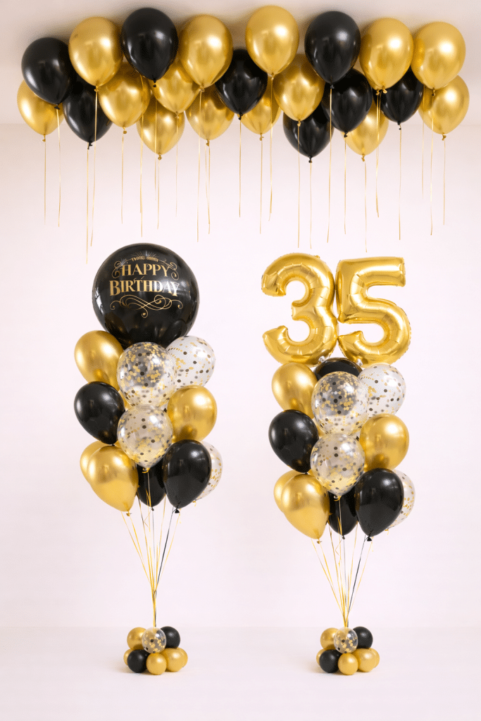 Black and gold birthday balloon package with gold number balloons happy birthday orb bouquet and black gold ceiling balloons luxury celebration setup