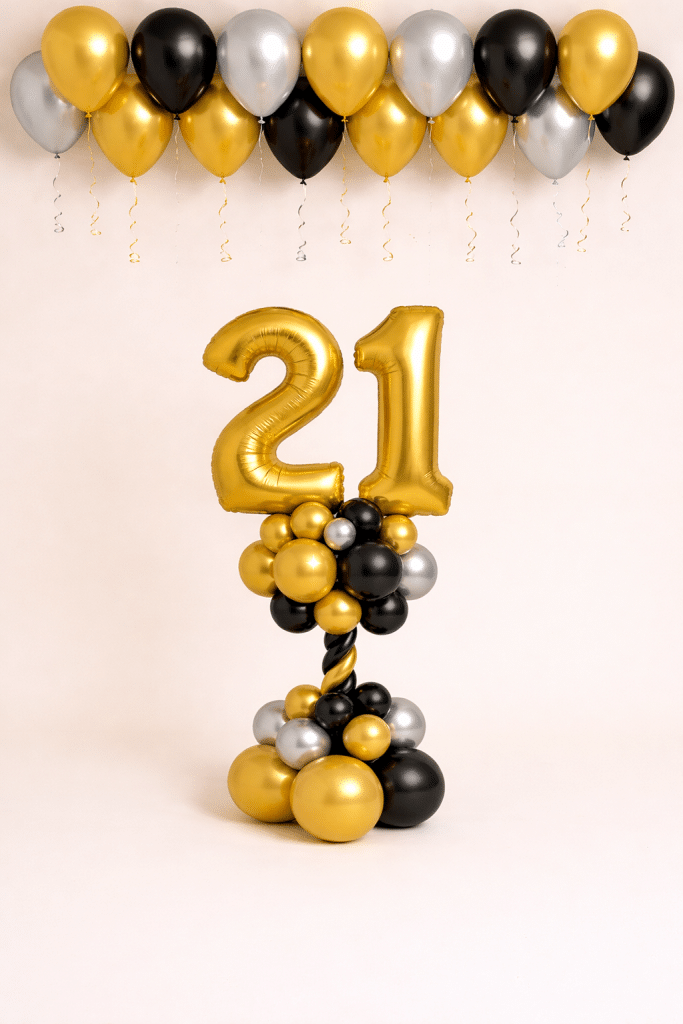 Black gold and silver birthday number balloon column with ceiling balloons luxury celebration setup elegant party decoration