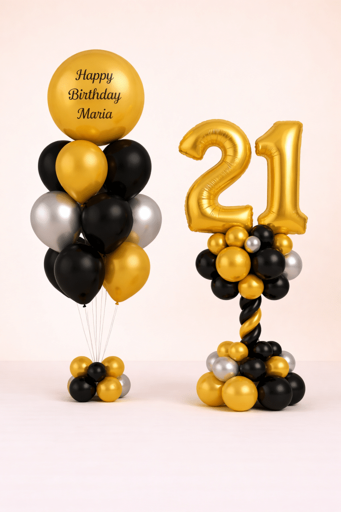 Black and gold personalised birthday balloon duo with custom gold orb balloon and gold number balloon column luxury celebration decoration
