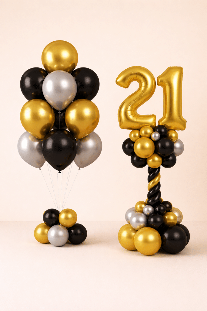 Black gold and silver birthday balloon duo with gold number balloon column and matching helium balloon bouquet elegant celebration decoration
