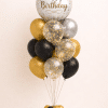 Black gold and silver confetti birthday balloon bouquet with happy birthday round foil balloon elegant luxury celebration decoration